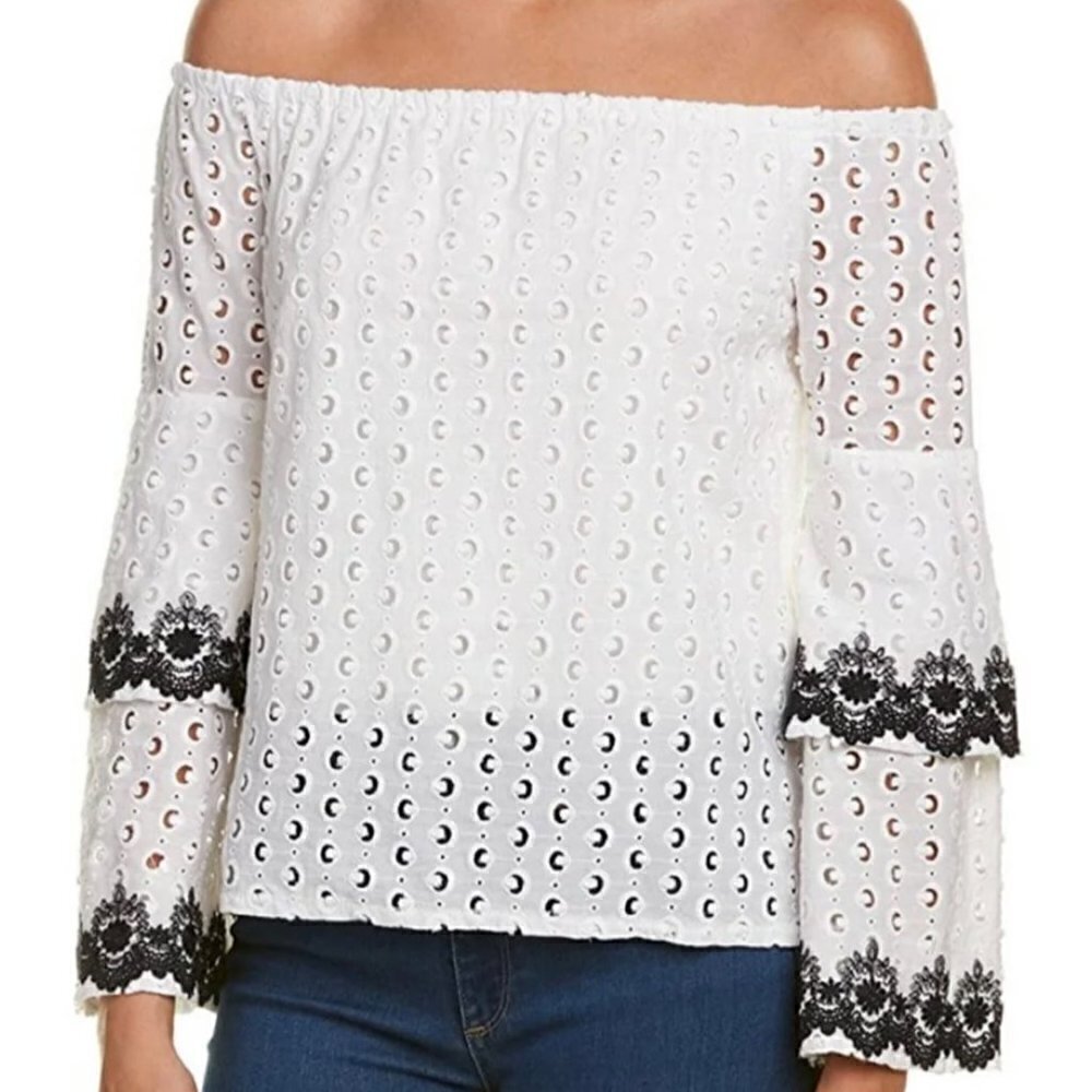 Bailey 44 Womens White Black Eyelet Chalk Phlox Tiered Bell Sleeve Blouse XS